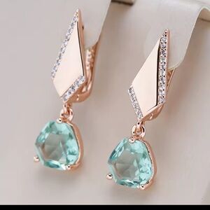 585/14k Rose Gold & Faceted Aquamarine Zirconia Earrings - Elegant Women Jewelry